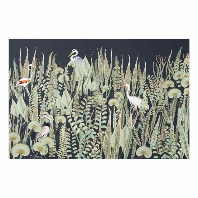 Wandbilder Grün Flamingo und Storch mit Pflanzen auf Grün