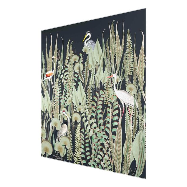 Wandbilder Flamingo und Storch mit Pflanzen auf Grün