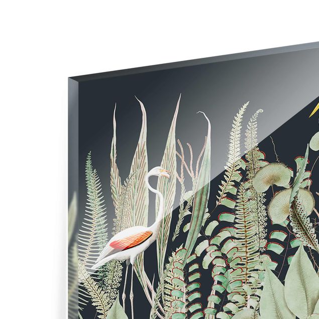 Bilder auf Glas Flamingo und Storch mit Pflanzen auf Grün