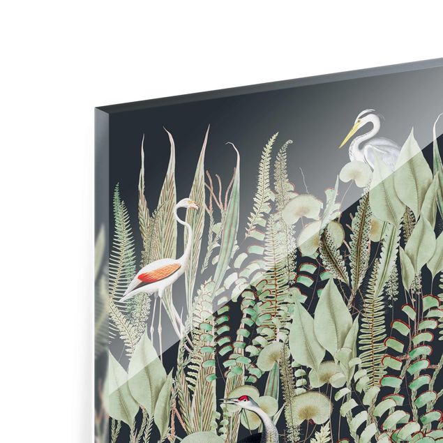 Glasbilder Flamingo und Storch mit Pflanzen auf Grün