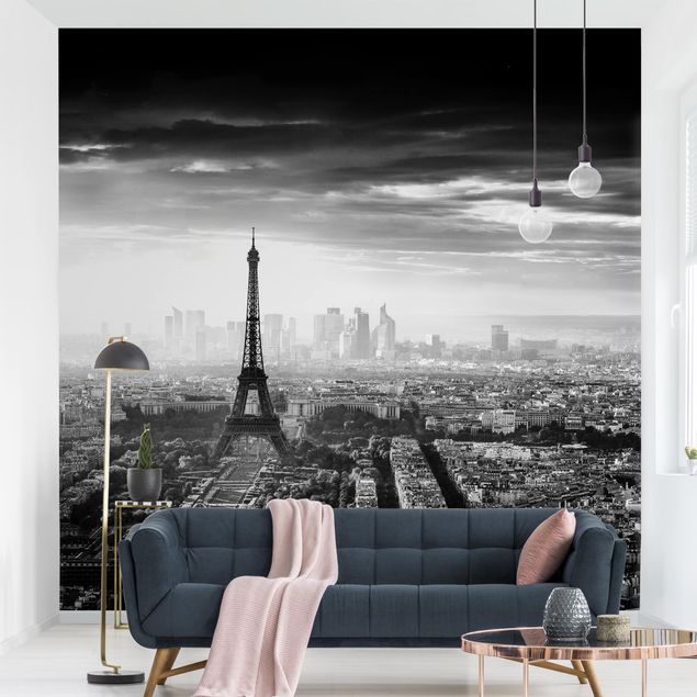 Tapeten Modern Der Eiffelturm von Oben Schwarz-weiß