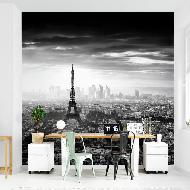 Schwarz-Weiß Tapete Der Eiffelturm von Oben Schwarz-weiß