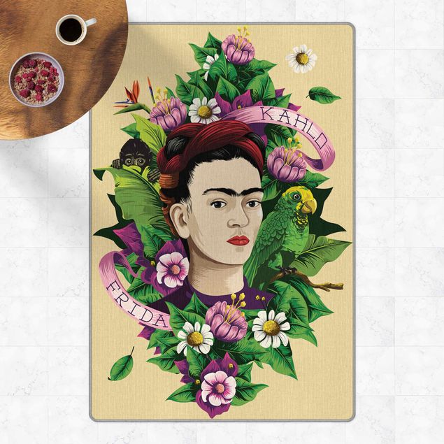 Teppich Blumen Frida Kahlo - Frida,Äffchen und Papagei