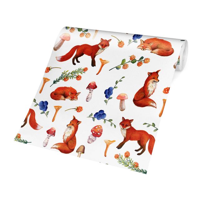Wandtapete rot Fuchs mit Pilzen Illustration