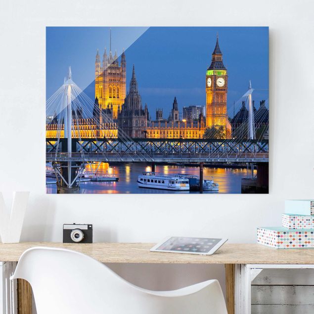 Glasbilder London Big Ben und Westminster Palace in London bei Nacht