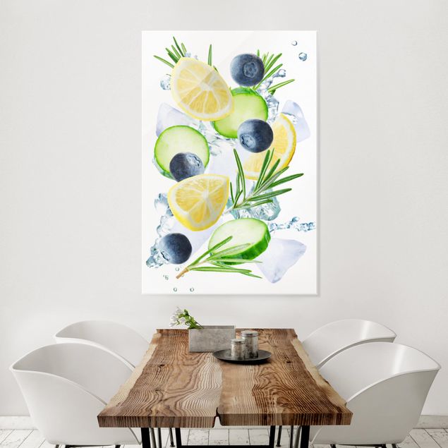 Wandbilder Modern Blaubeeren Zitronen Eiswürfel Splash