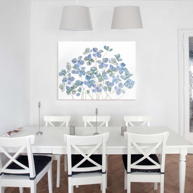Glasbilder Blumen Motive Blaue Hortensienblüten