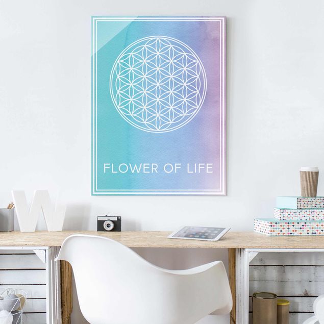 Glasbild mit Spruch Blume des Lebens Pastell Aquarell