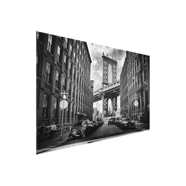 Glasbild schwarz-weiß Manhattan Bridge in America