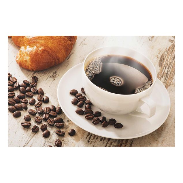 Glasbilder Dampfende Kaffeetasse mit Kaffeebohnen