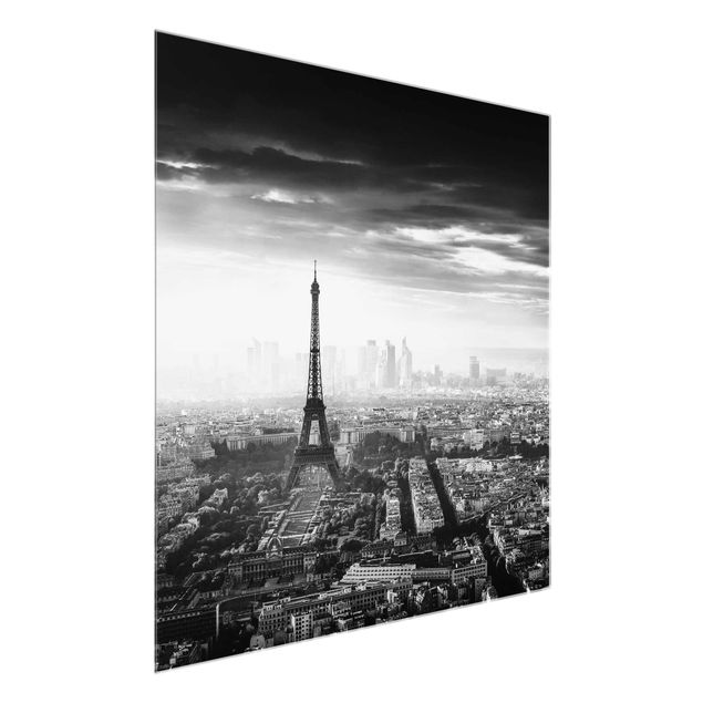 Glasbild schwarz-weiß Der Eiffelturm von Oben Schwarz-weiß