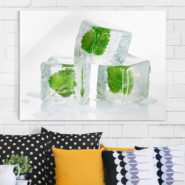 Wandbilder Modern Drei Eiswürfel mit Melisse