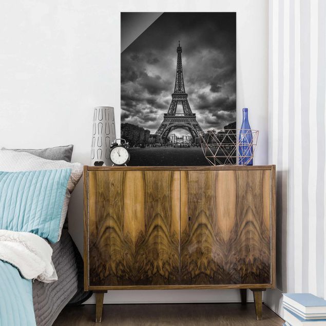 Wandbilder Paris Eiffelturm vor Wolken schwarz-weiß