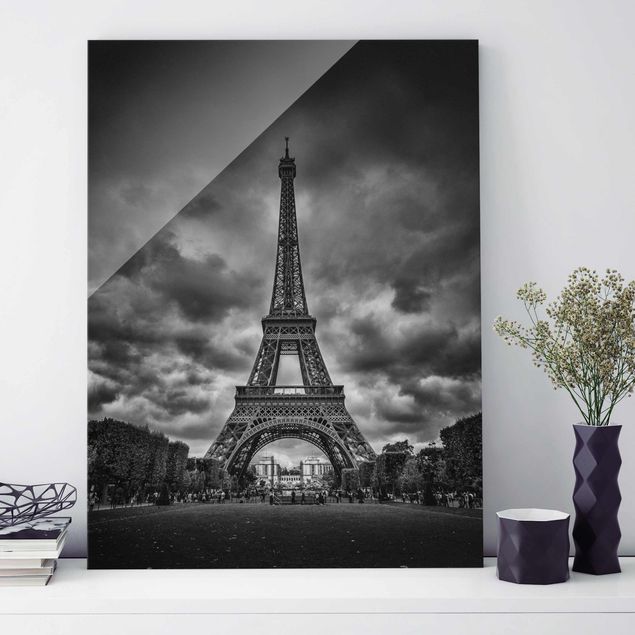Küchen Deko Eiffelturm vor Wolken schwarz-weiß