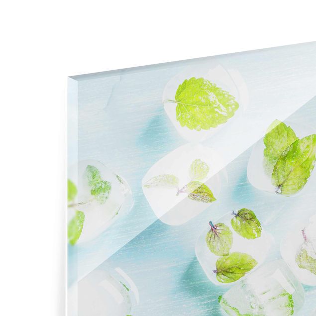 Glasbild - Eiswürfel mit Minzblättern - Quadrat 1:1