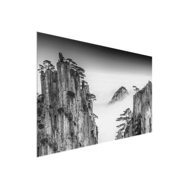 Wandbilder Berge Felsen im Nebel schwarz-weiß