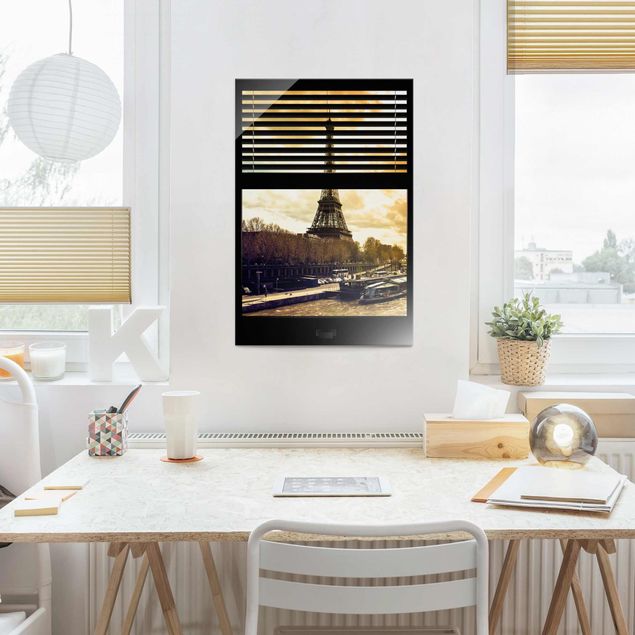 Wandbilder Modern Fensterausblick Jalousie - Paris Eiffelturm Sonnenuntergang