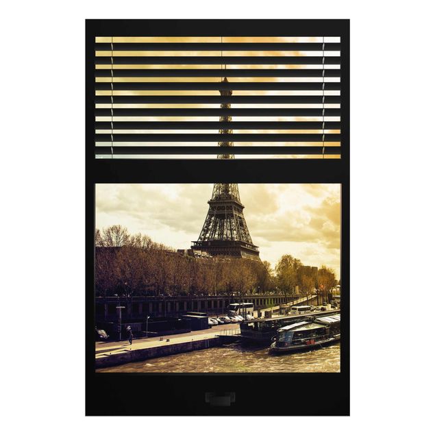 Glasbilder Paris Fensterausblick Jalousie - Paris Eiffelturm Sonnenuntergang