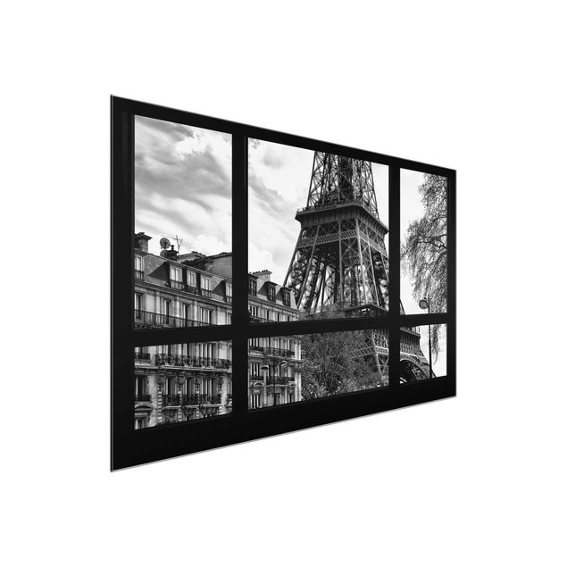 schwarz weiß Glasbilder Fensterausblick Paris - Nahe am Eiffelturm schwarz weiss