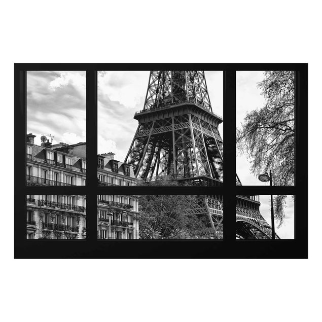 Glasbild Stadt Fensterausblick Paris - Nahe am Eiffelturm schwarz weiss