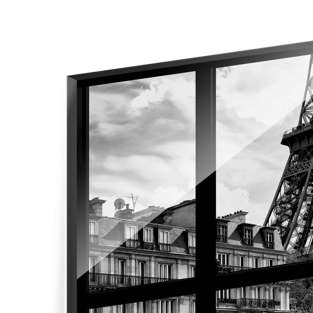 Wandbilder Fensterausblick Paris - Nahe am Eiffelturm schwarz weiss
