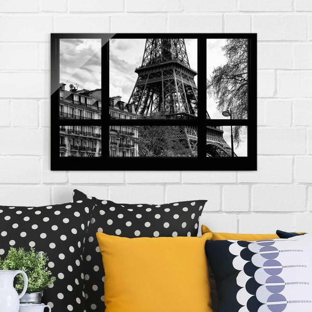 Wanddeko Küche Fensterausblick Paris - Nahe am Eiffelturm schwarz weiss