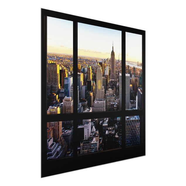 Glasbild Skyline Fensterblick am Abend über New York