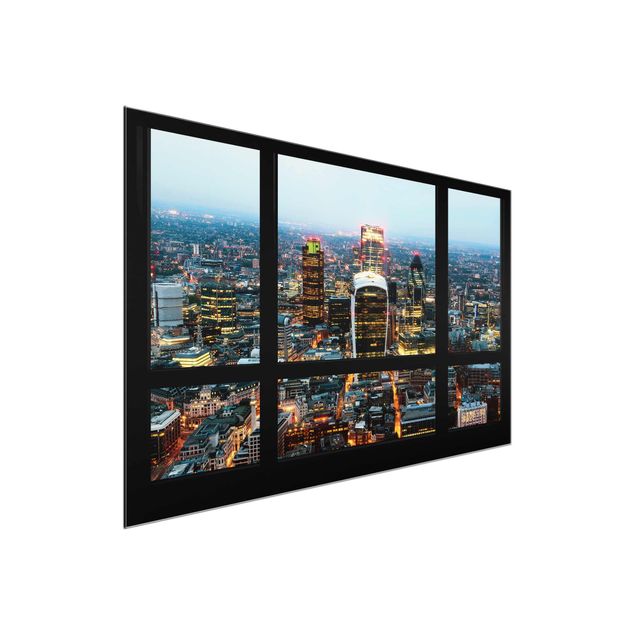 Glasbilder Städte Fensterblick auf beleuchtete Skyline von London