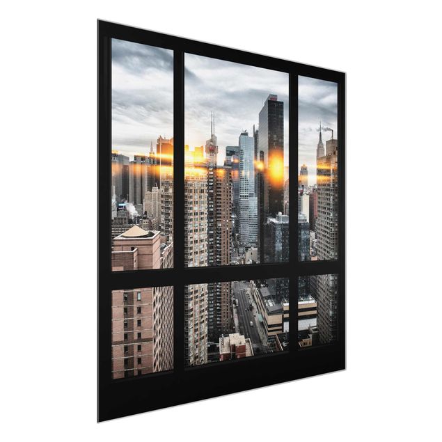 Glasbild Skyline Fensterblick New York mit Sonnen-Reflexion