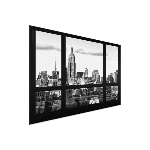 schwarz weiß Glasbilder Fensterblick New York Skyline schwarz weiss