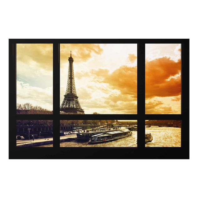 Glasbild Skyline Fensterblick - Paris Eiffelturm Sonnenuntergang