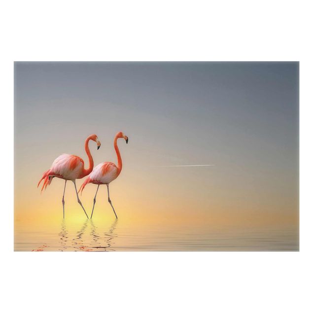 Glasbilder Strand und Meer Flamingo Love