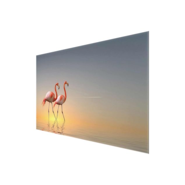 Glasbilder Landschaften Flamingo Love