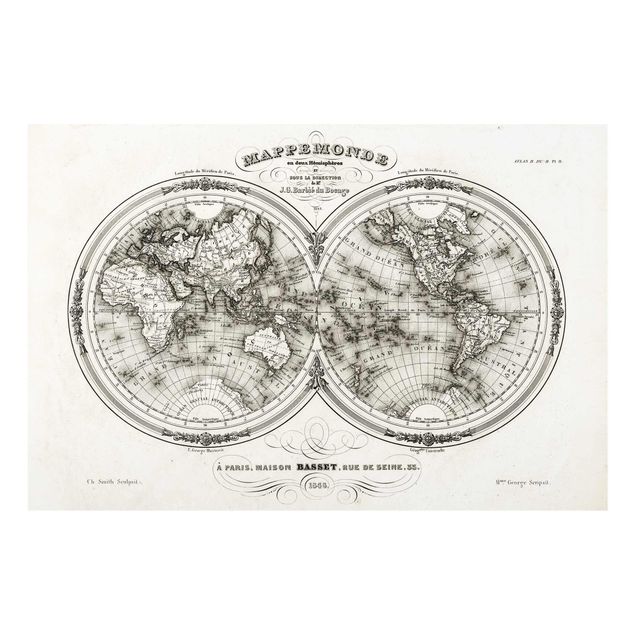 Wandbilder Schwarz-Weiß Weltkarte - Französische Karte der Hemissphären von 1848