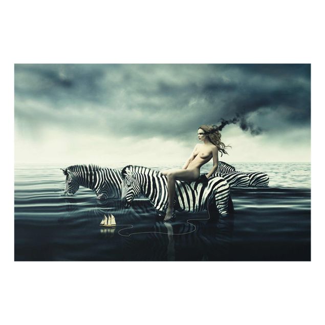 Glasbilder Tiere Frauenakt mit Zebras