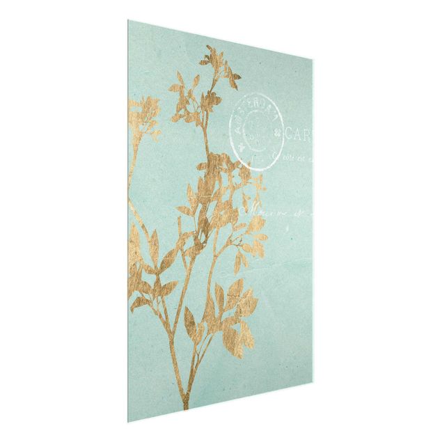 Wandbilder Blumen Goldene Blätter auf Turquoise I