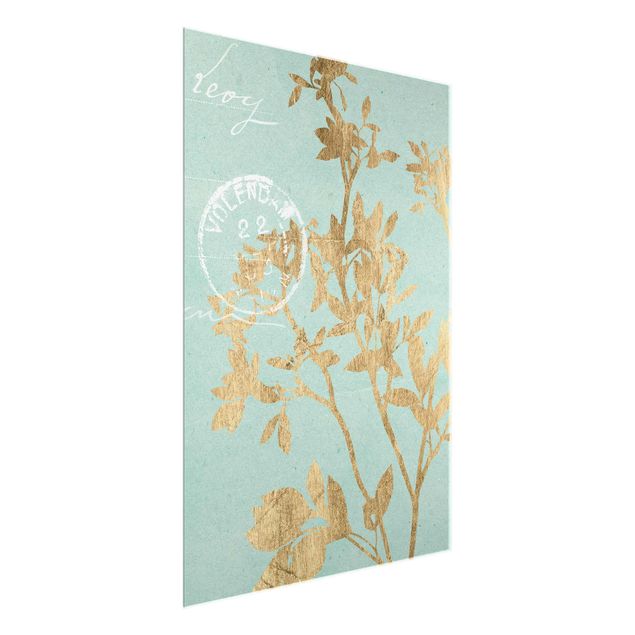 Wandbilder Blumen Goldene Blätter auf Turquoise II