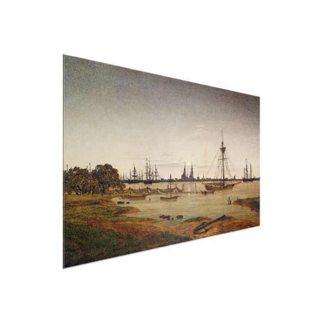 Glasbild Skyline Caspar David Friedrich - Hafen bei Mondschein