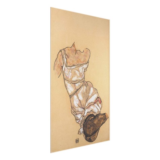 Glasbilder Akt Egon Schiele - Weiblicher Torso in Unterwäsche