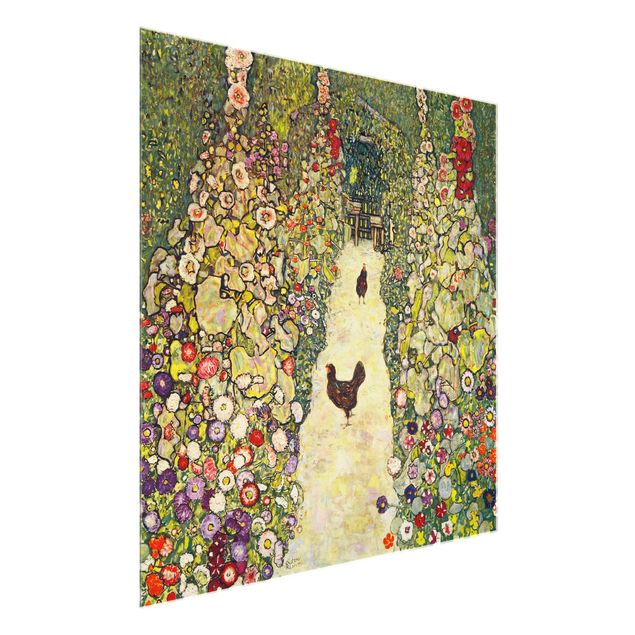 Glasbilder Blumen Motive Gustav Klimt - Gartenweg mit Hühnern