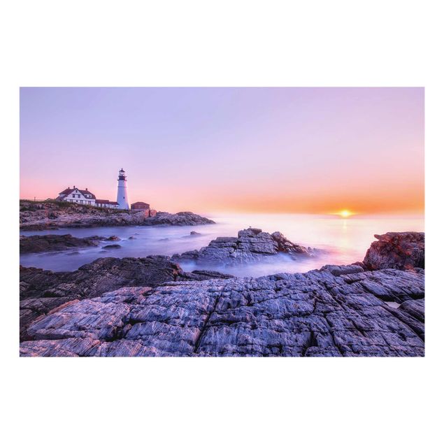 Glasbilder Strand Leuchtturm am Morgen