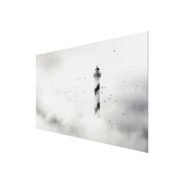 Glasbilder Schwarz-Weiß Leuchtturm im Nebel