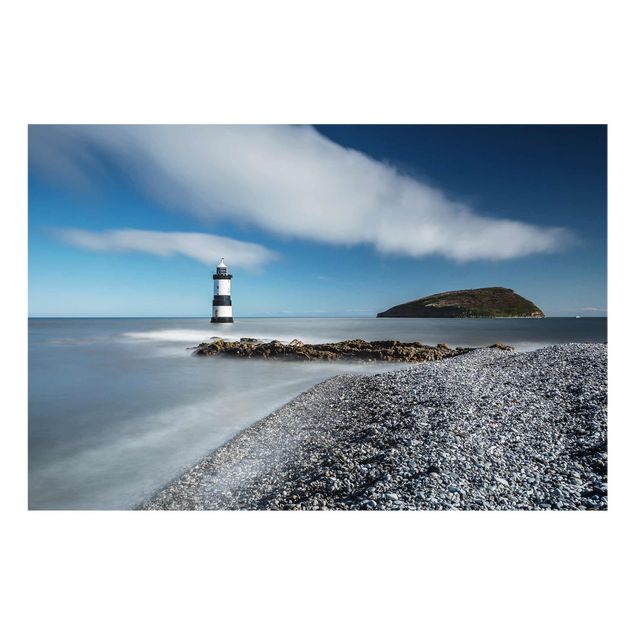 Glasbilder Strand Leuchtturm in Wales