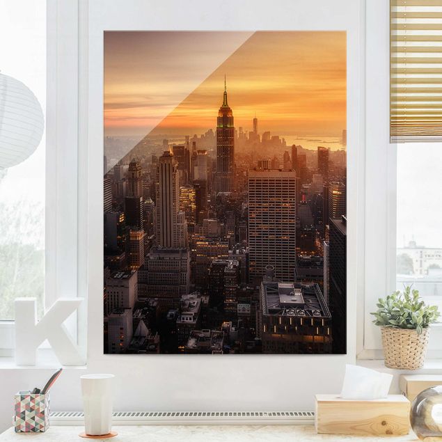 Glasbild New York Manhattan Skyline Abendstimmung