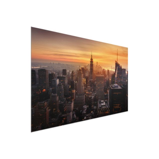 Glasbild Stadt Manhattan Skyline Abendstimmung
