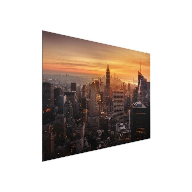 Glasbild Stadt Manhattan Skyline Abendstimmung