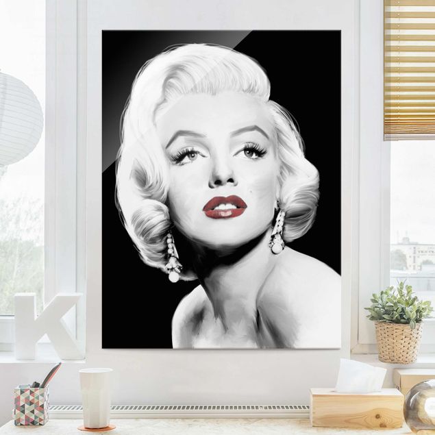 Glasbild schwarz-weiß Marilyn mit Ohrschmuck