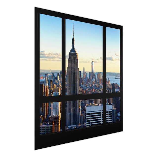 Glasbild Stadt New York Fensterblick auf Empire State Building