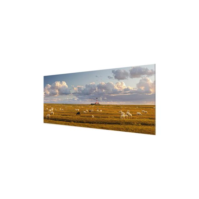 Wandbilder Grün Nordsee Leuchtturm mit Schafsherde