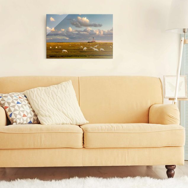 Wandbilder Landschaften Nordsee Leuchtturm mit Schafsherde